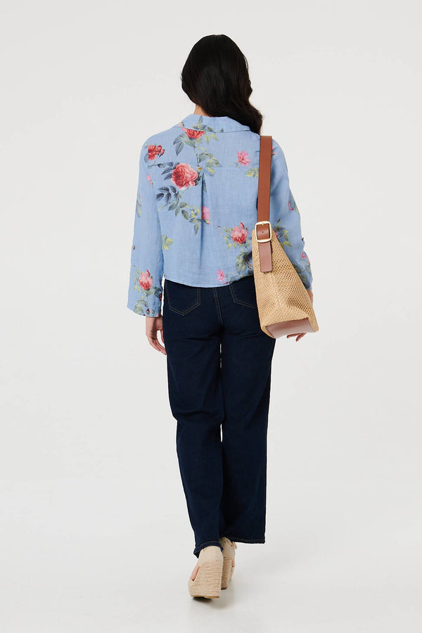 Blue | Floral 3/4 Turn-Up Sleeve Cropped Shirt