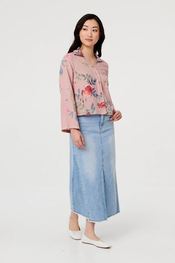 Pink | Floral 3/4 Turn-Up Sleeve Cropped Shirt