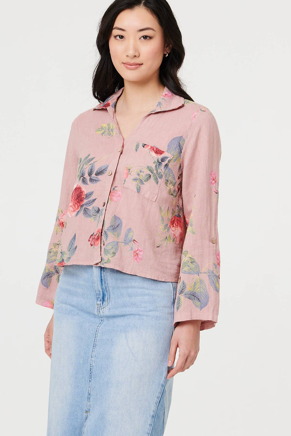 Pink | Floral 3/4 Turn-Up Sleeve Cropped Shirt