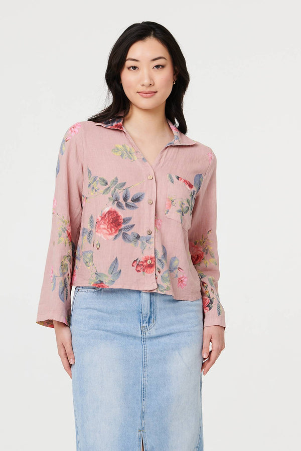 Pink | Floral 3/4 Turn-Up Sleeve Cropped Shirt : Model is 5'9"/175 cm and wears UK8/EU36/US4/AUS8