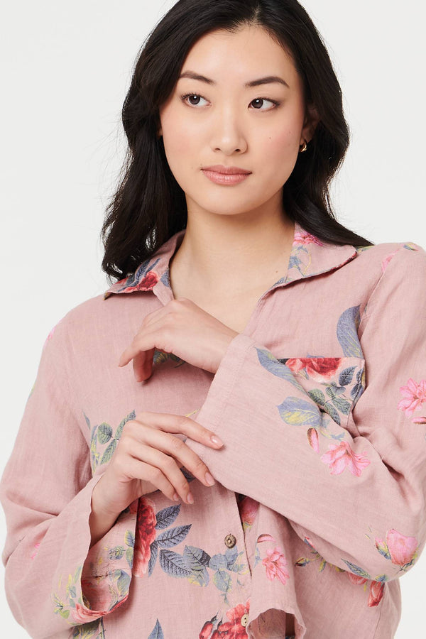 Pink | Floral 3/4 Turn-Up Sleeve Cropped Shirt