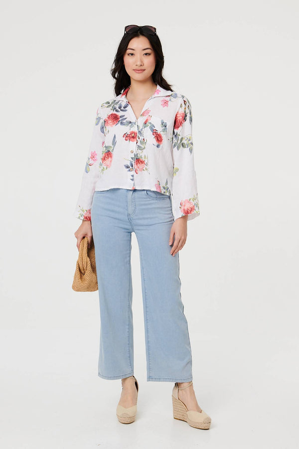 White | Floral 3/4 Turn-Up Sleeve Cropped Shirt