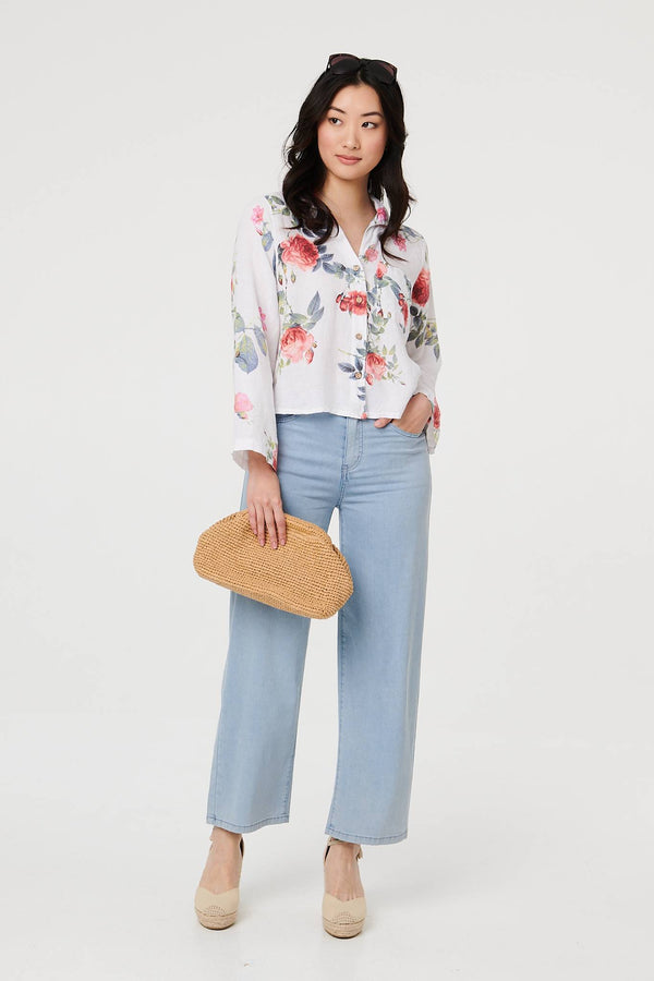 White | Floral 3/4 Turn-Up Sleeve Cropped Shirt