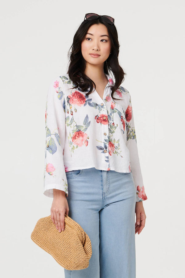 White | Floral 3/4 Turn-Up Sleeve Cropped Shirt : Model is 5'9"/175 cm and wears UK8/EU36/US4/AUS8