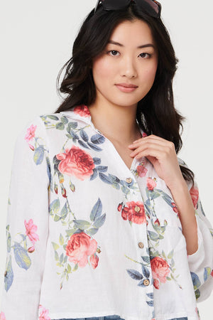 White | Floral 3/4 Turn-Up Sleeve Cropped Shirt
