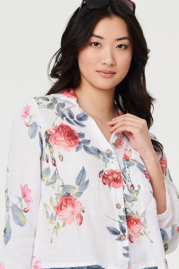 White | Floral 3/4 Turn-Up Sleeve Cropped Shirt
