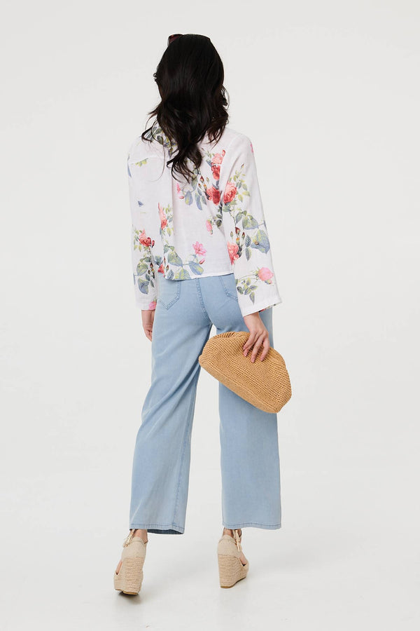 White | Floral 3/4 Turn-Up Sleeve Cropped Shirt