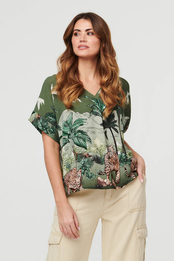 Khaki | Tropical Print Short Sleeve Relaxed Top