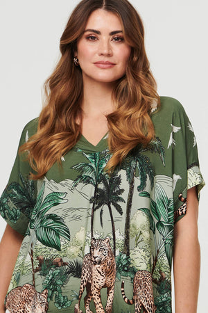 Khaki | Tropical Print Short Sleeve Relaxed Top