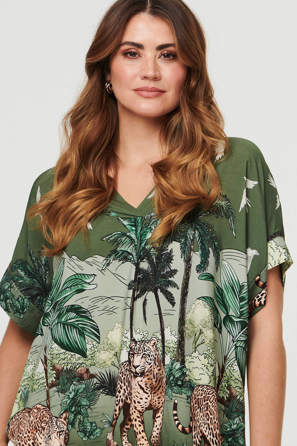Khaki | Tropical Print Short Sleeve Relaxed Top