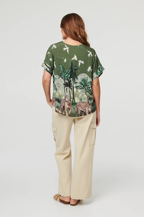 Khaki | Tropical Print Short Sleeve Relaxed Top