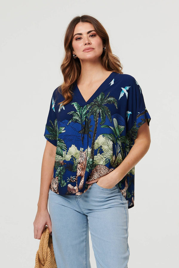 Navy | Tropical Print Short Sleeve Relaxed Top