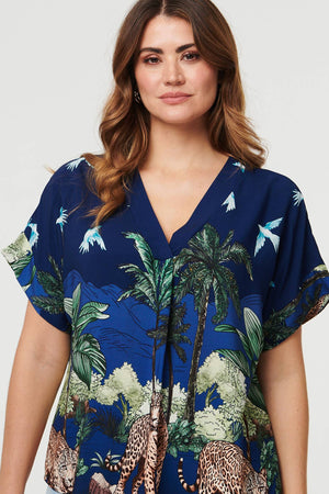 Navy | Tropical Print Short Sleeve Relaxed Top