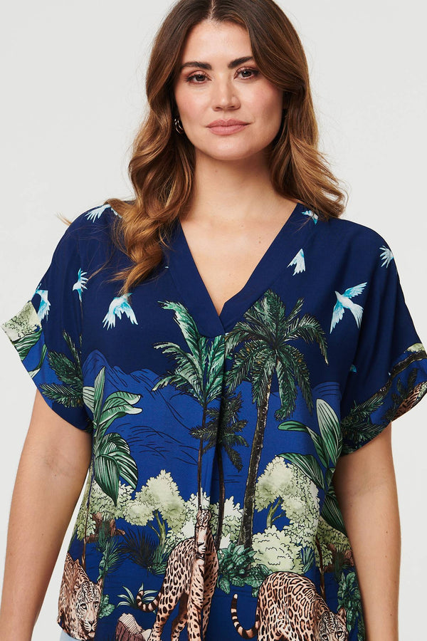 Navy | Tropical Print Short Sleeve Relaxed Top