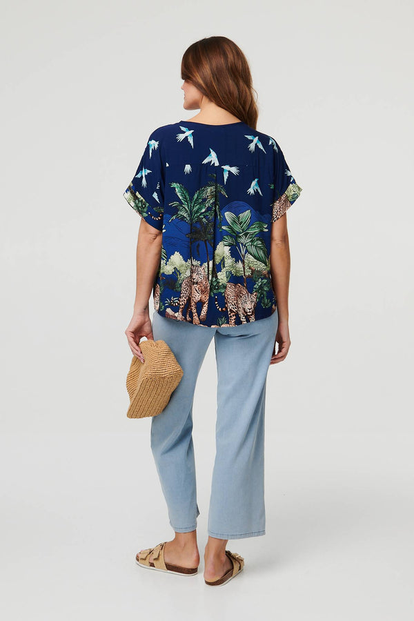 Navy | Tropical Print Short Sleeve Relaxed Top