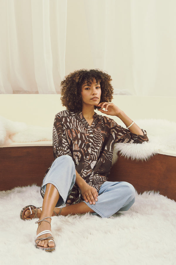 Brown | Animal Print Semi Sheer Longline Shirt : Model is 5'8"/172 cm and wears UK8/EU36/US4/AUS8
