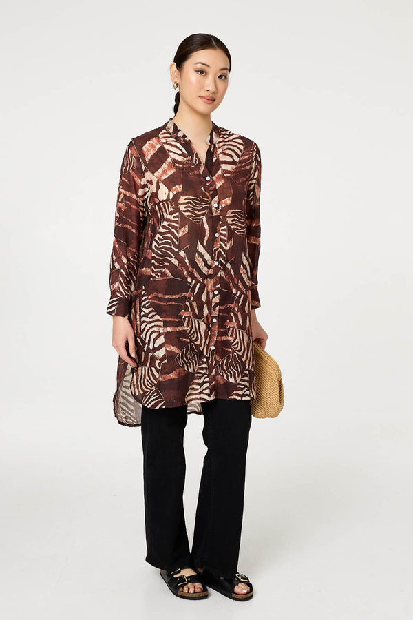 Brown | Animal Print Semi Sheer Longline Shirt