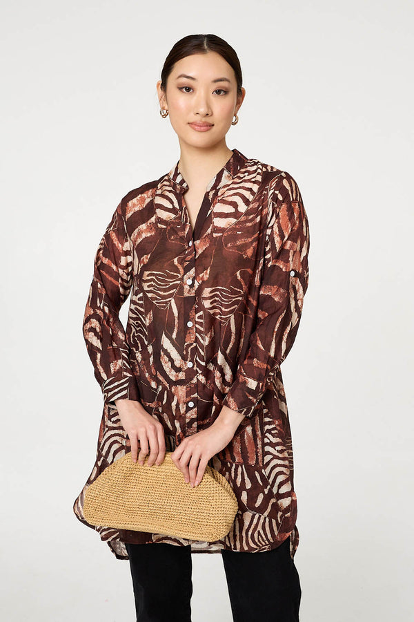 Brown | Animal Print Semi Sheer Longline Shirt