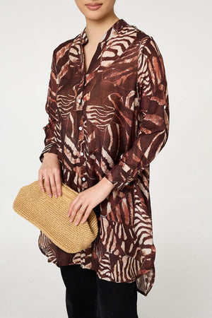 Brown | Animal Print Semi Sheer Longline Shirt