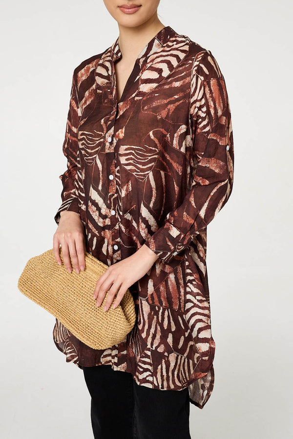 Brown | Animal Print Semi Sheer Longline Shirt