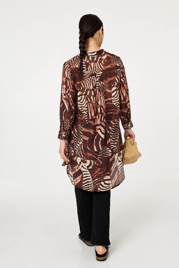 Brown | Animal Print Semi Sheer Longline Shirt