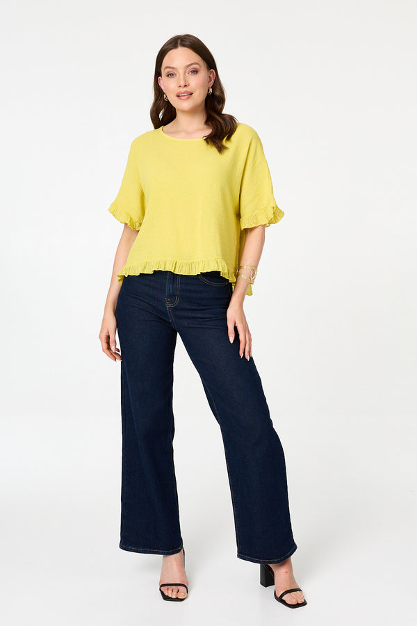 Yellow | Frill Hem 1/2 Sleeve Relaxed Top