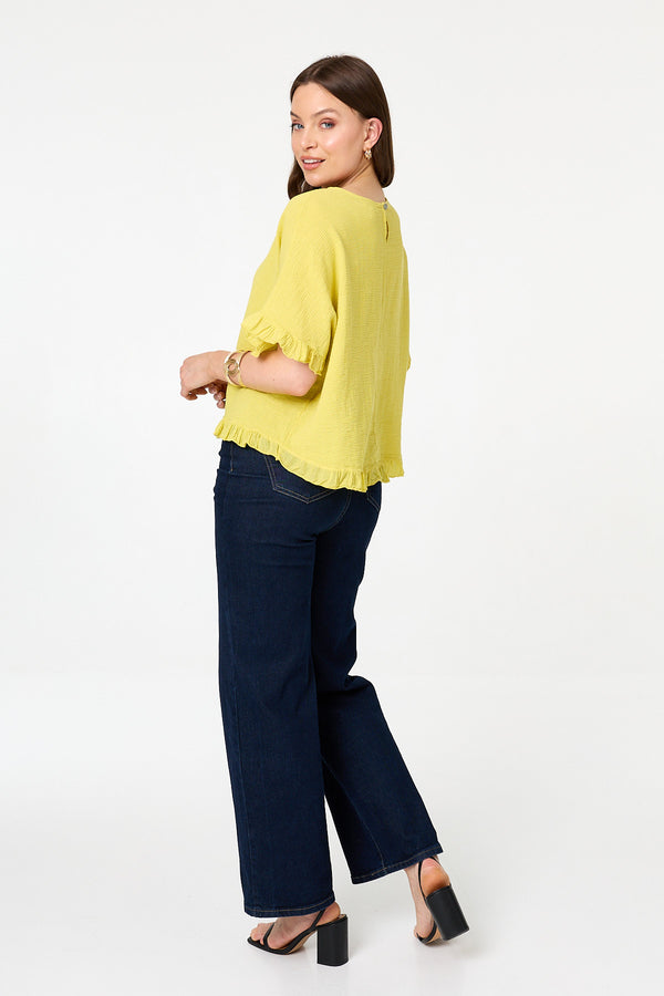 Yellow | Frill Hem 1/2 Sleeve Relaxed Top