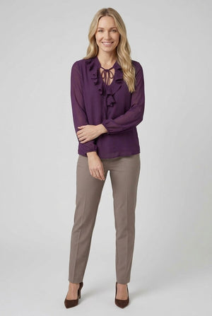 Purple | Ruffle Front Long Sleeve Blouse : Model is 5'7