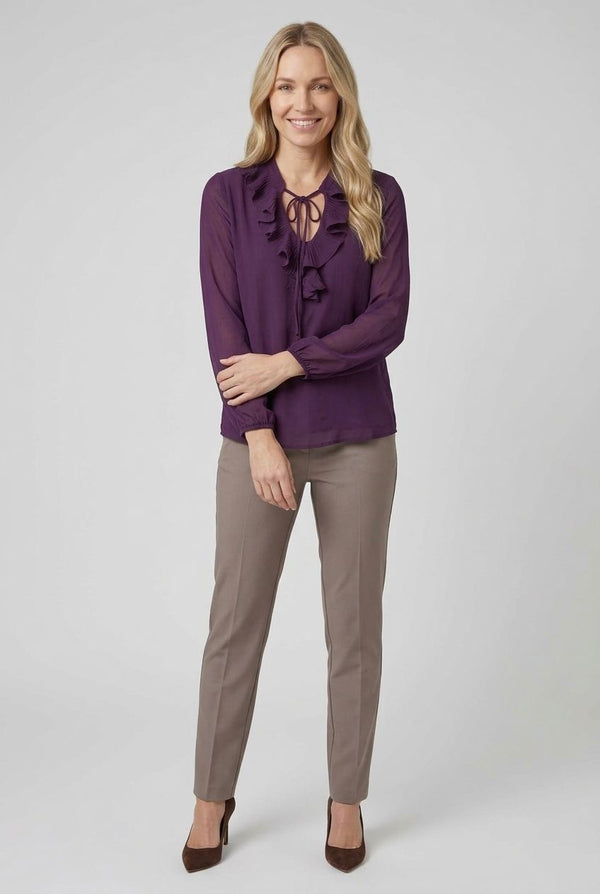 Purple | Ruffle Front Long Sleeve Blouse