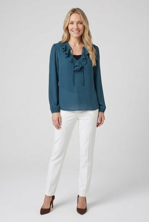 Teal | Ruffle Front Long Sleeve Blouse : Model is 5'7