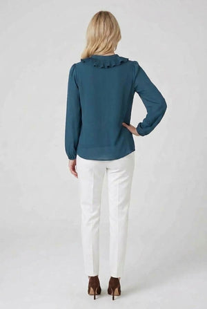 Teal | Ruffle Front Long Sleeve Blouse