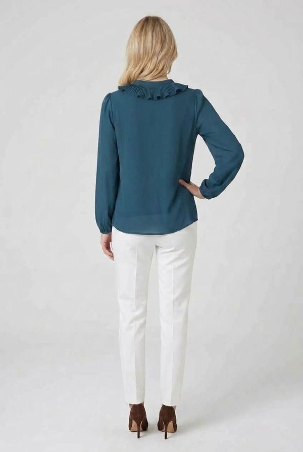 Teal | Ruffle Front Long Sleeve Blouse