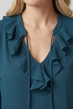 Teal | Ruffle Front Long Sleeve Blouse