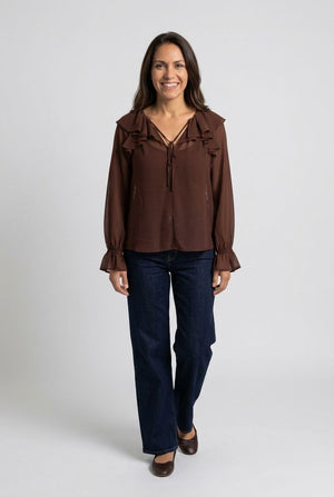 Brown | Semi Sheer Layered Frill Neck Blouse