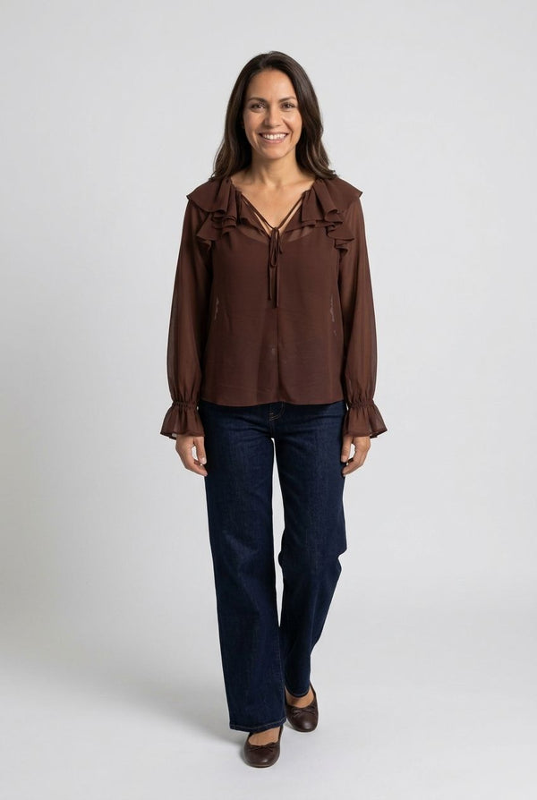 Brown | Semi Sheer Layered Frill Neck Blouse