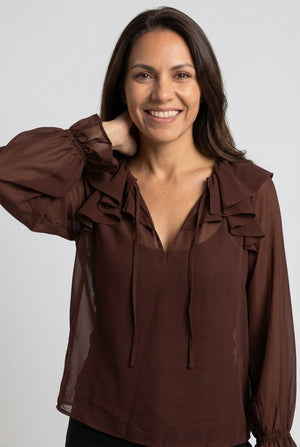 Brown | Semi Sheer Layered Frill Neck Blouse