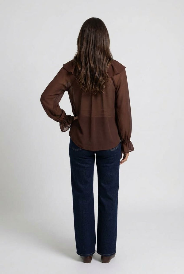 Brown | Semi Sheer Layered Frill Neck Blouse