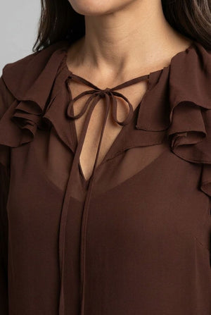 Brown | Semi Sheer Layered Frill Neck Blouse