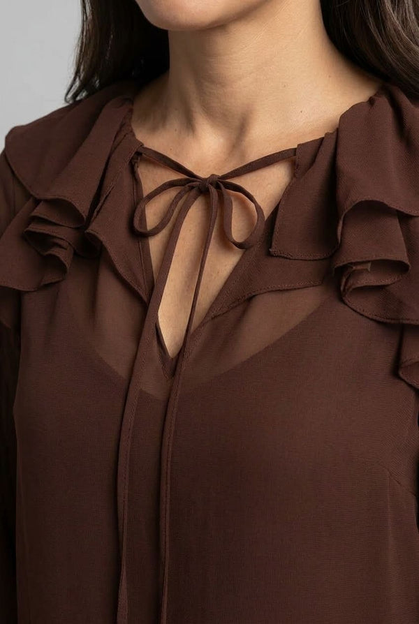 Brown | Semi Sheer Layered Frill Neck Blouse