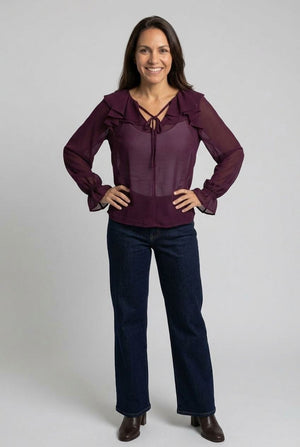 Purple | Semi Sheer Layered Frill Neck Blouse : Model is 5'7