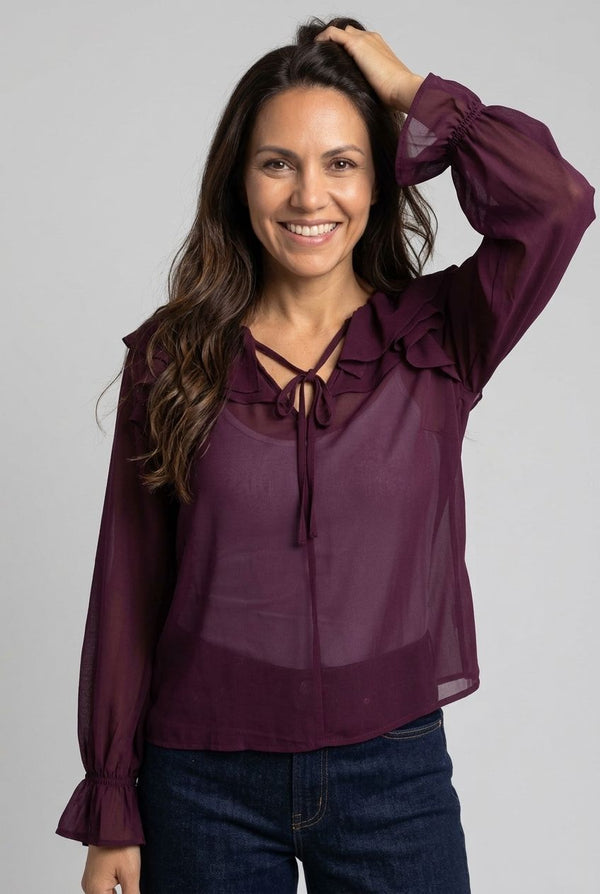 Purple | Semi Sheer Layered Frill Neck Blouse