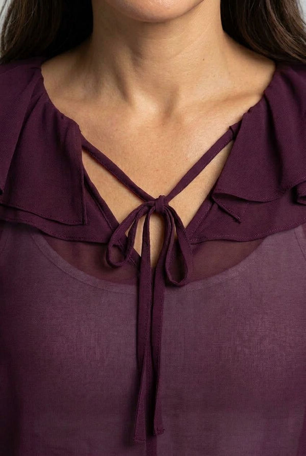 Purple | Semi Sheer Layered Frill Neck Blouse