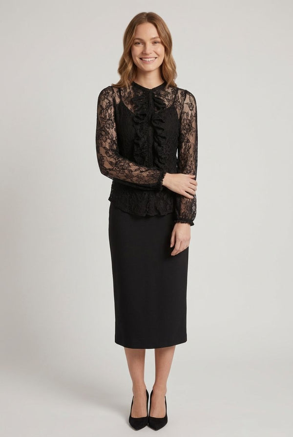 Black | Semi Sheer Lace Ruffle Front Blouse