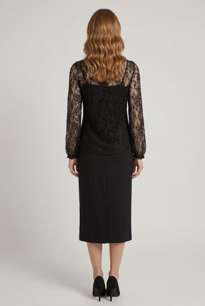 Black | Semi Sheer Lace Ruffle Front Blouse