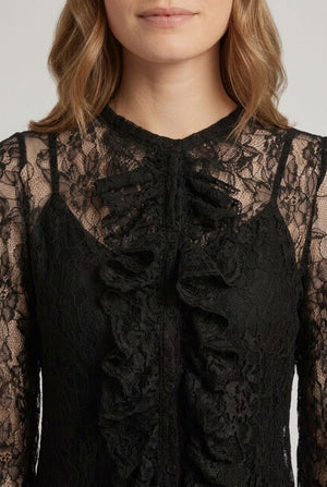 Black | Semi Sheer Lace Ruffle Front Blouse