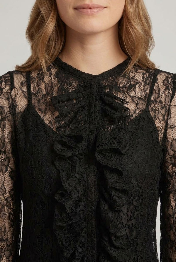 Black | Semi Sheer Lace Ruffle Front Blouse