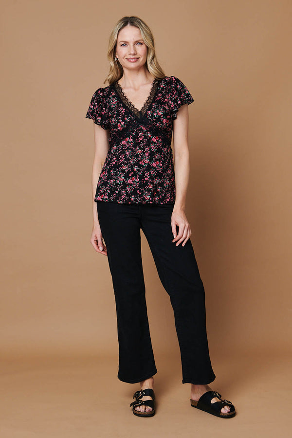 Black | Ditsy Floral Cap Sleeve Lace Trim Top