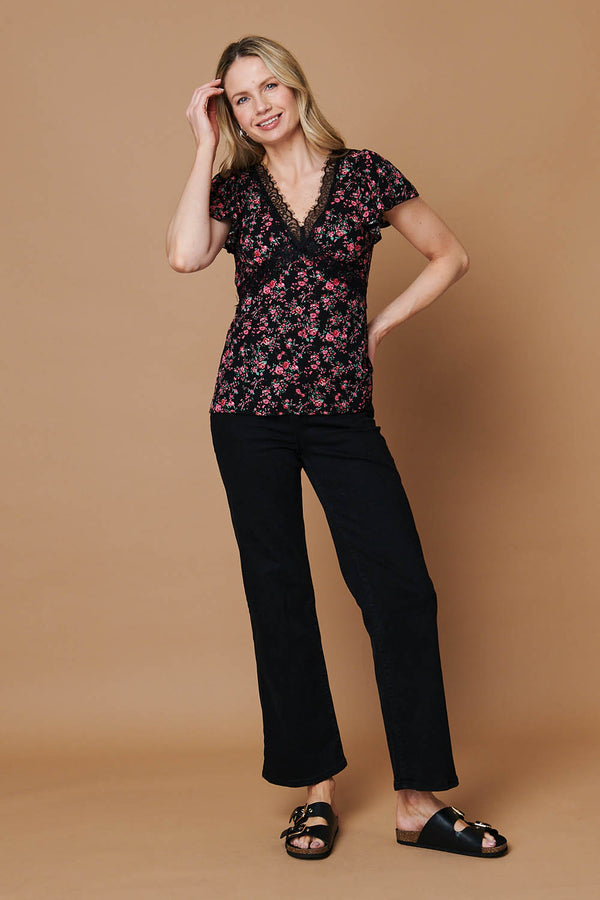 Black | Ditsy Floral Cap Sleeve Lace Trim Top