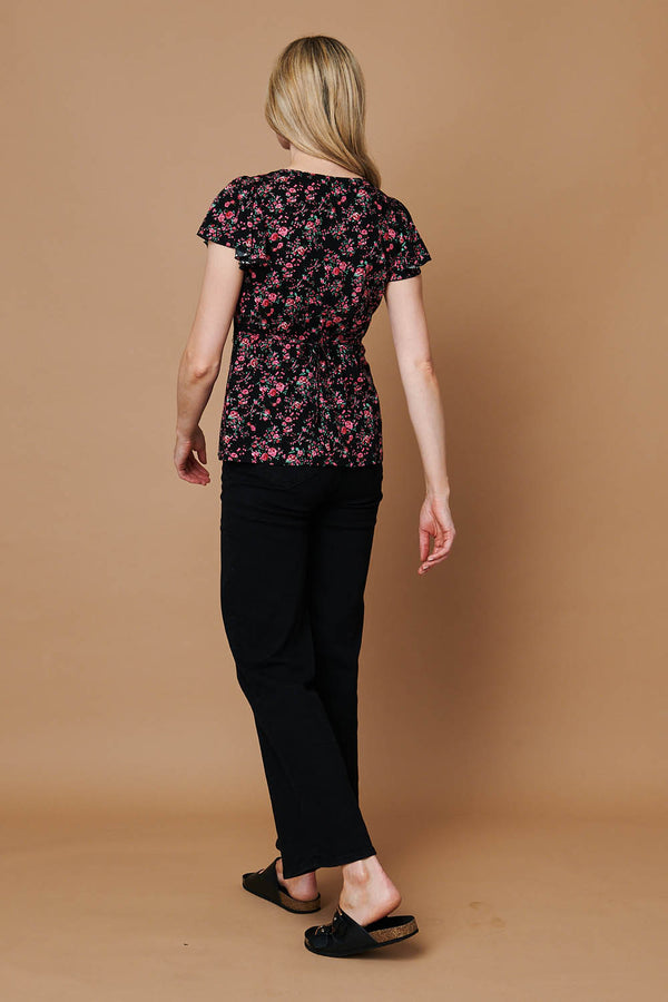 Black | Ditsy Floral Cap Sleeve Lace Trim Top