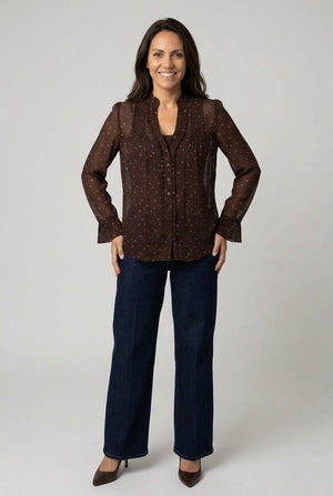 Brown | Polka Dot Print Semi Sheer V-Neck Blouse